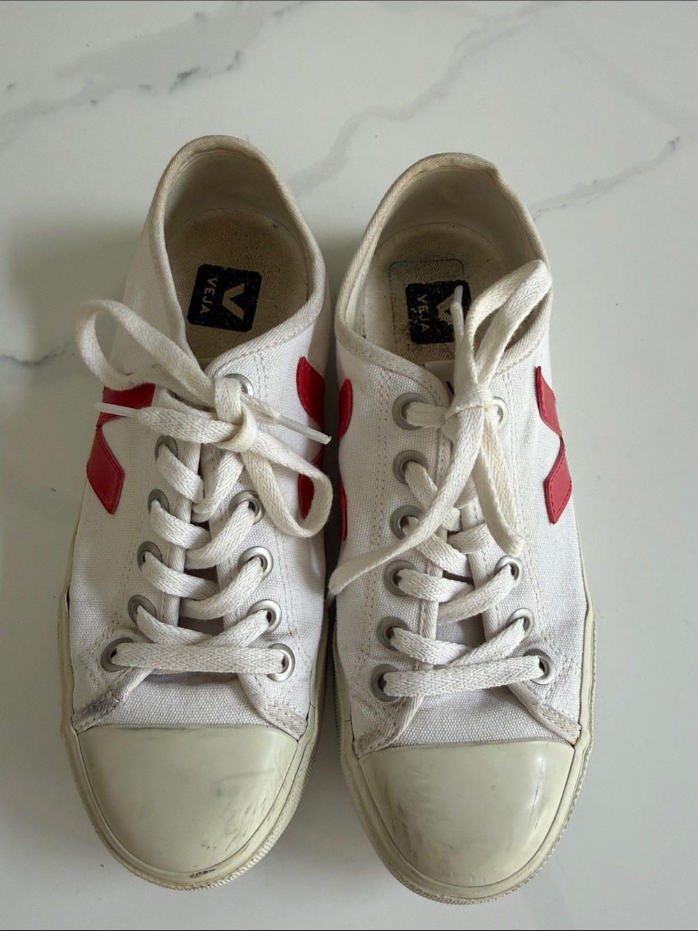 Veja White Canvas Sneakers with Red V Emblems